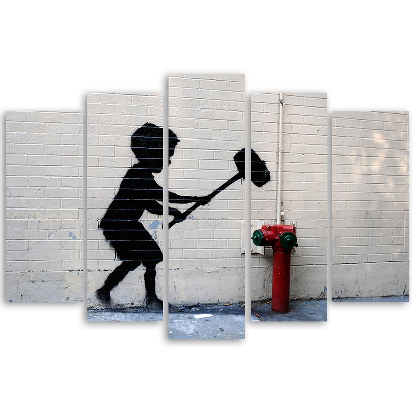 Stampa su tela 5 pezzi, Banksy Hammer Boy Street