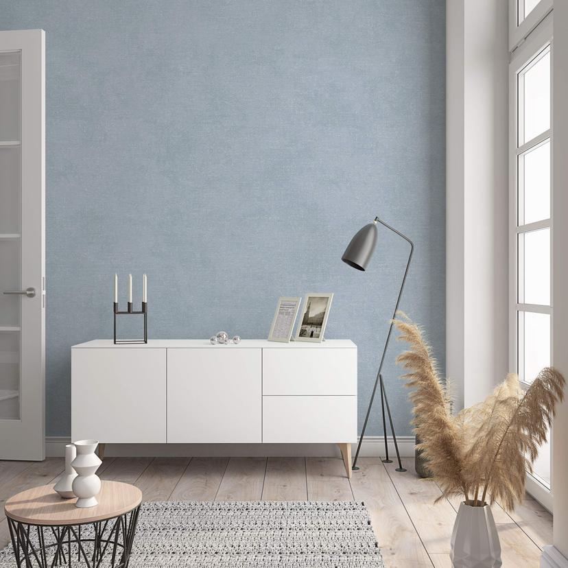 Non-woven tapet med moderne monokromt look og struktur i blå, grå ensfarvet