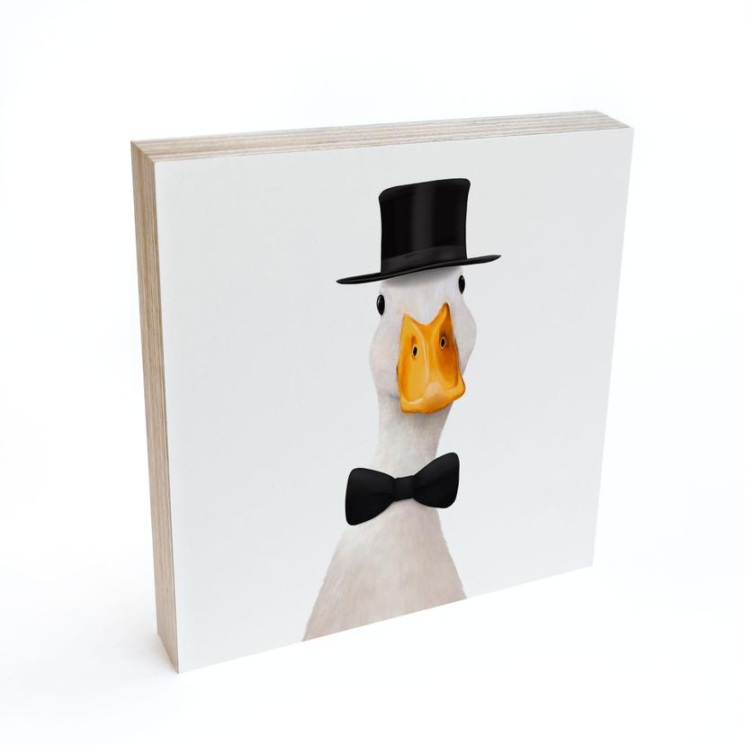 Tableau sur bois à poser - Gentleman Oie avec chapeau haut-de-forme - Korenkova - 15x15 cm
