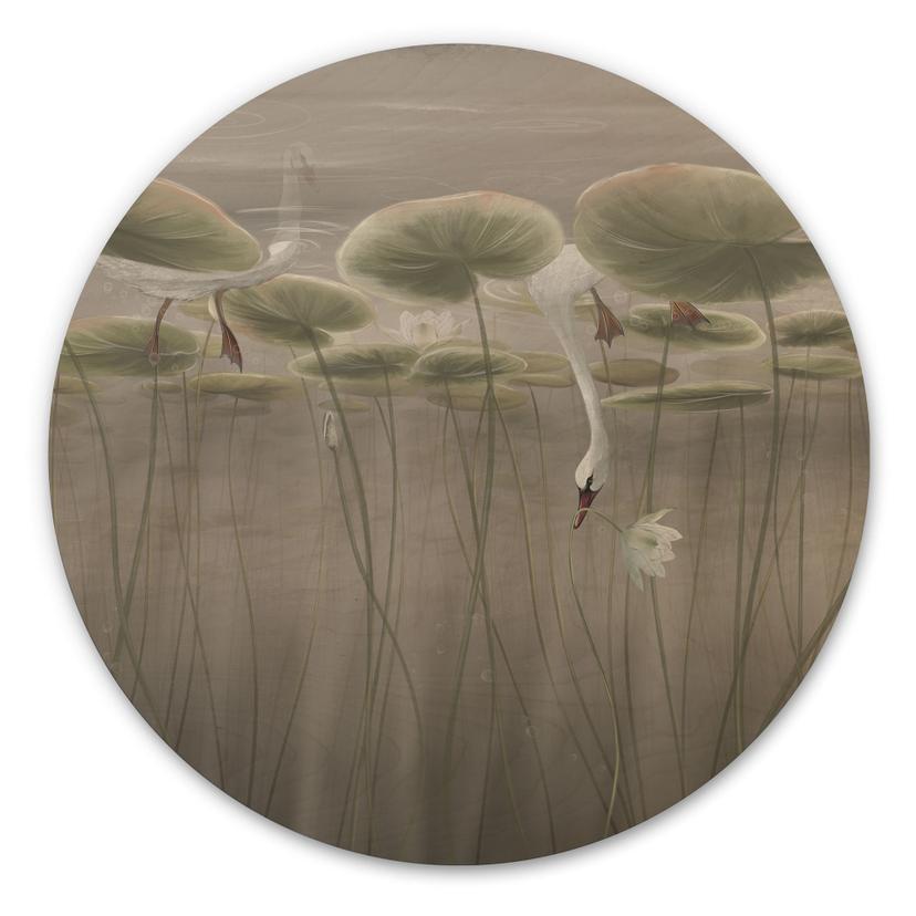 Houten Wanddecoratie lotusbloemen met zwaan in het water in grijs - Ms Tiff - Rond