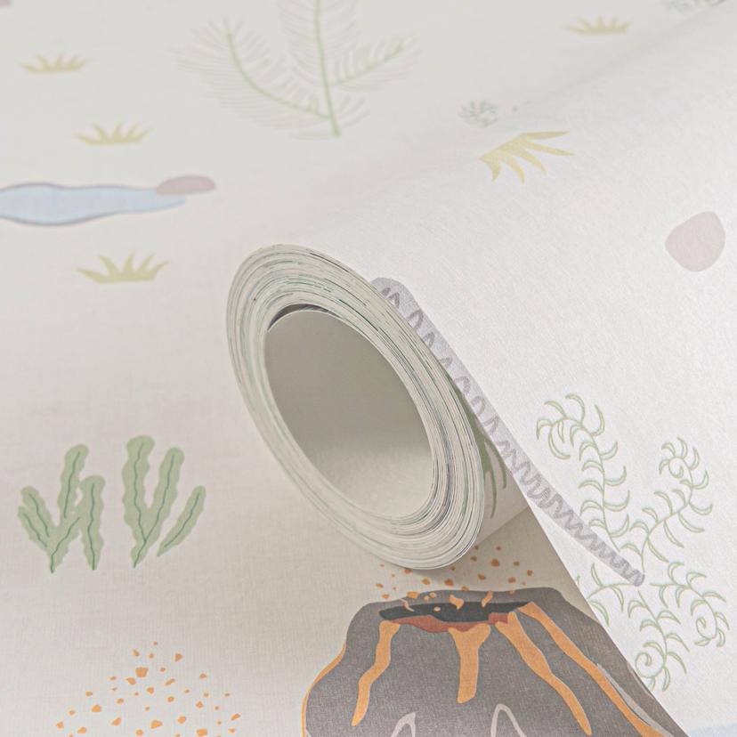 Papel pintado Dinosaurio colorido sobre beige - Papel pintado no tejido con motivo volcán y prehisto