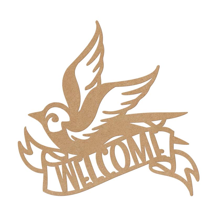 3D Schriftzug Welcome - Vogel Türschild - MDF Natur