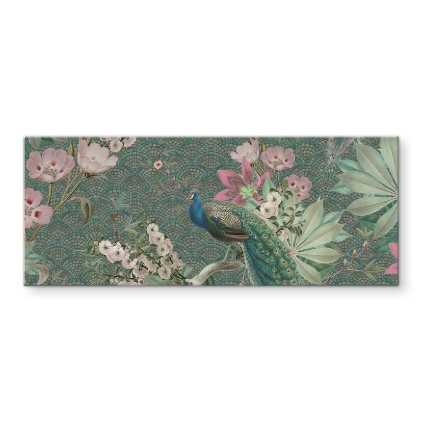 Pannello paraschizzi Pavone in giardino tropicale su mosaico - Bloomery Decor - Panorama