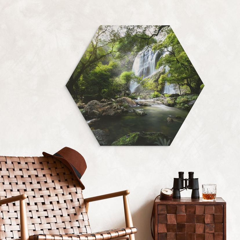 Esagono Alu-Dibond Cascata nella foresta
