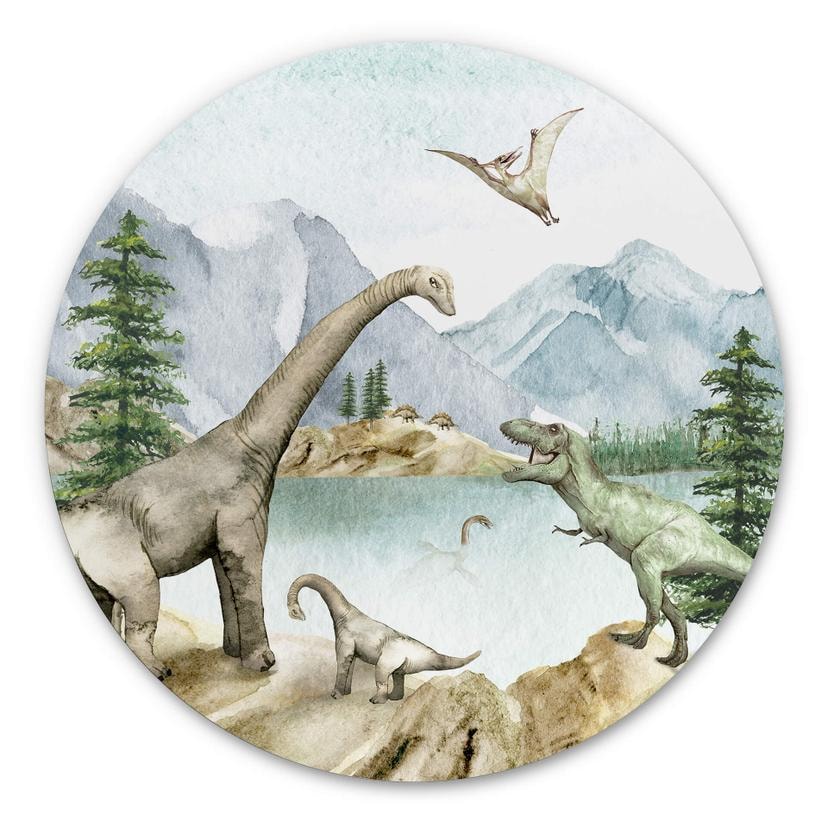 Tableau sur alu-Dibond rond Kikki Belle - Le monde des dinosaures