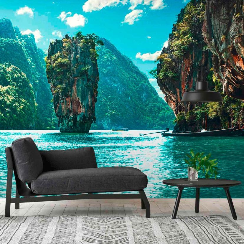 Bjerglandskab tapet ThailandIsland i turkisgrøn - non-woven tapet Designwalls 2 - 2,55 x 3,5 m