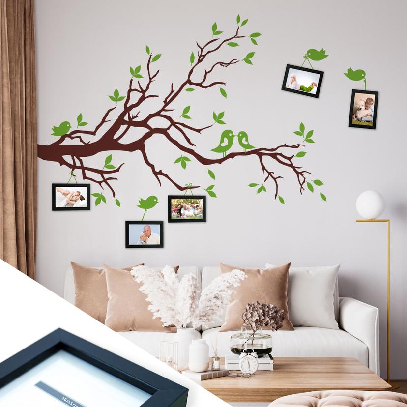 Sticker mural - Branche avec oiseaux bicolore incl. 5 cadres photos