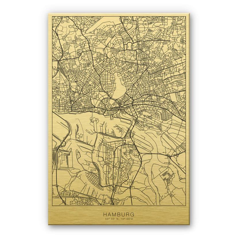 Alu-Dibond mit Goldeffekt Stadtplan Hamburg