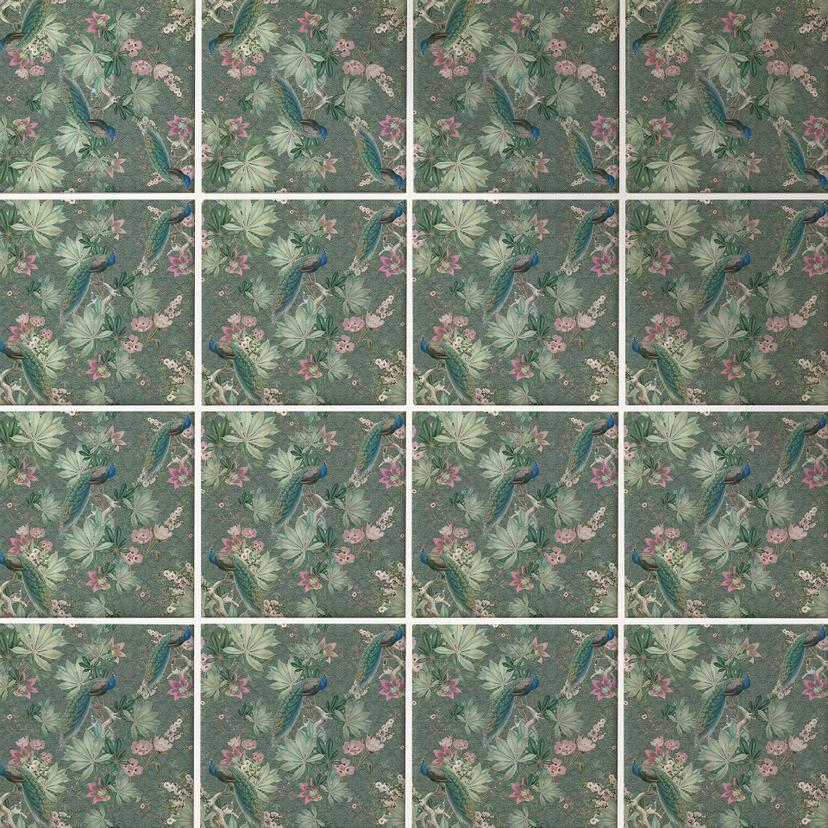 Flise klistermærker påfugl i tropisk have på mosaik - Bloomery Decor - Sæt med 12 stk