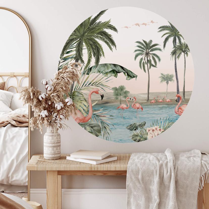 Sticker mural rond Kikki Belle - Oasis de flamants roses