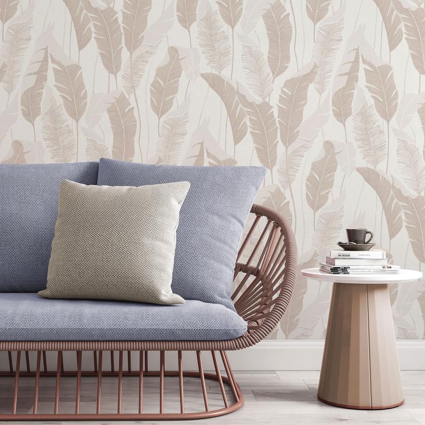 PVC-frit non-woven tapet med bladmotiv i beige