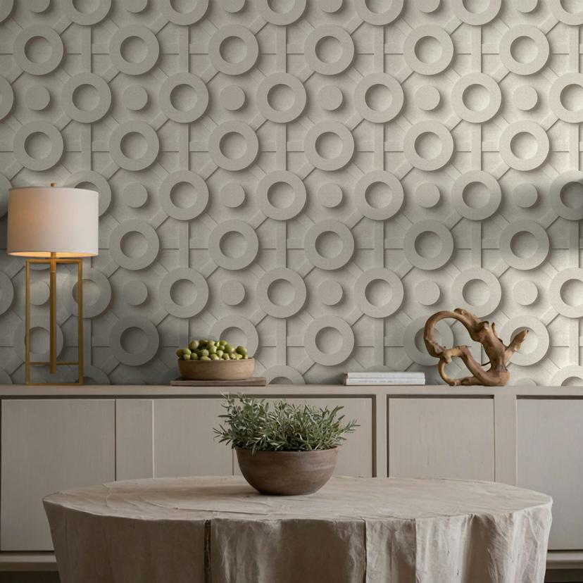 Papel pintado no tejido gráfico 3D aspecto moderno, círculos mate en beige