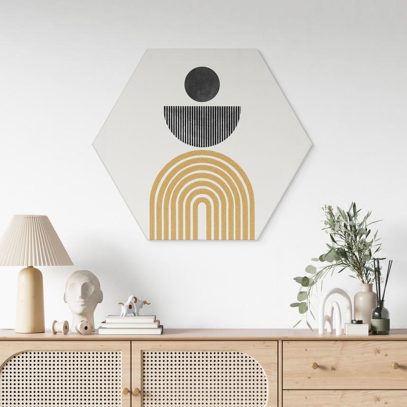 Esagono Alu-Dibond Composizione astratta con cerchio e semiarco - The Miuus Studio