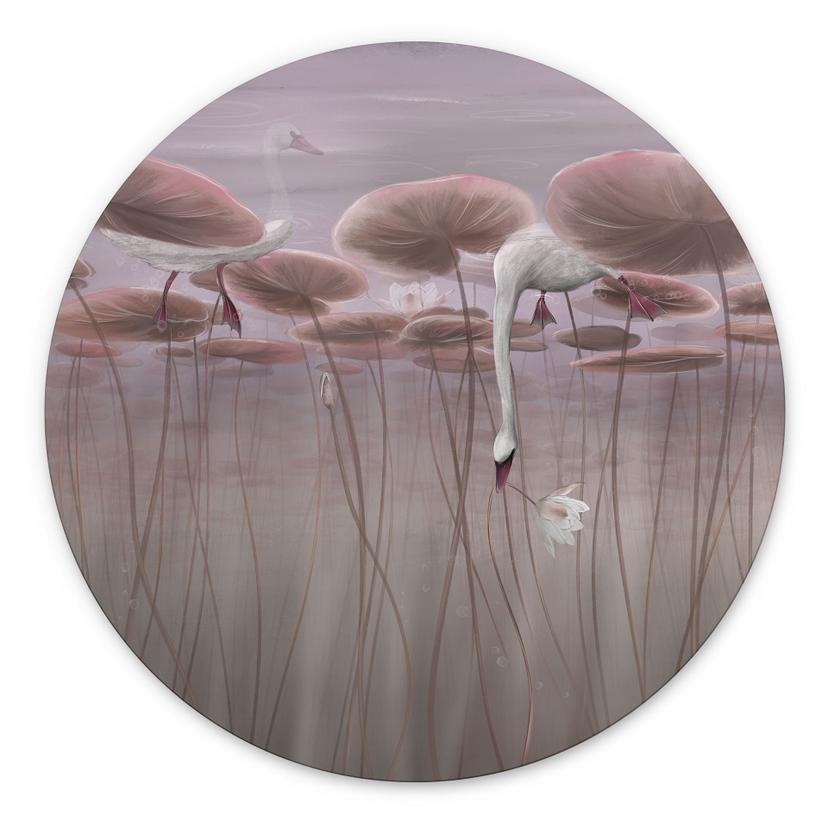 Wandbild Lotusblumen mit Schwan im Wasser in Altrosa - Ms Tiff - Alu-Dibond Rund
