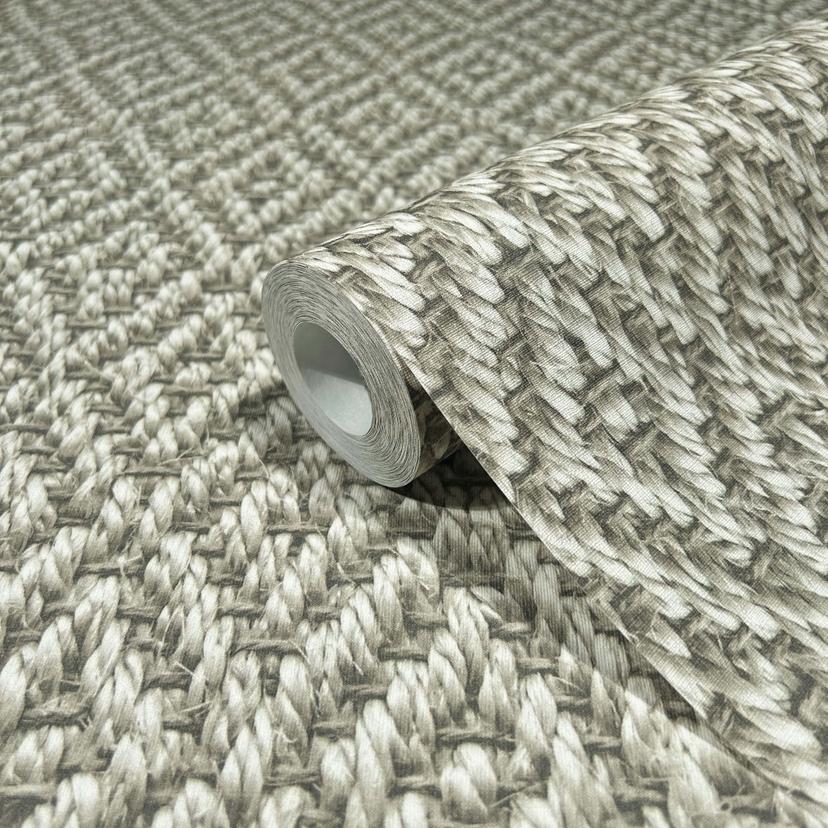 non-woven tapet i 3D flettet diamantmønster beige, grå tekstil look