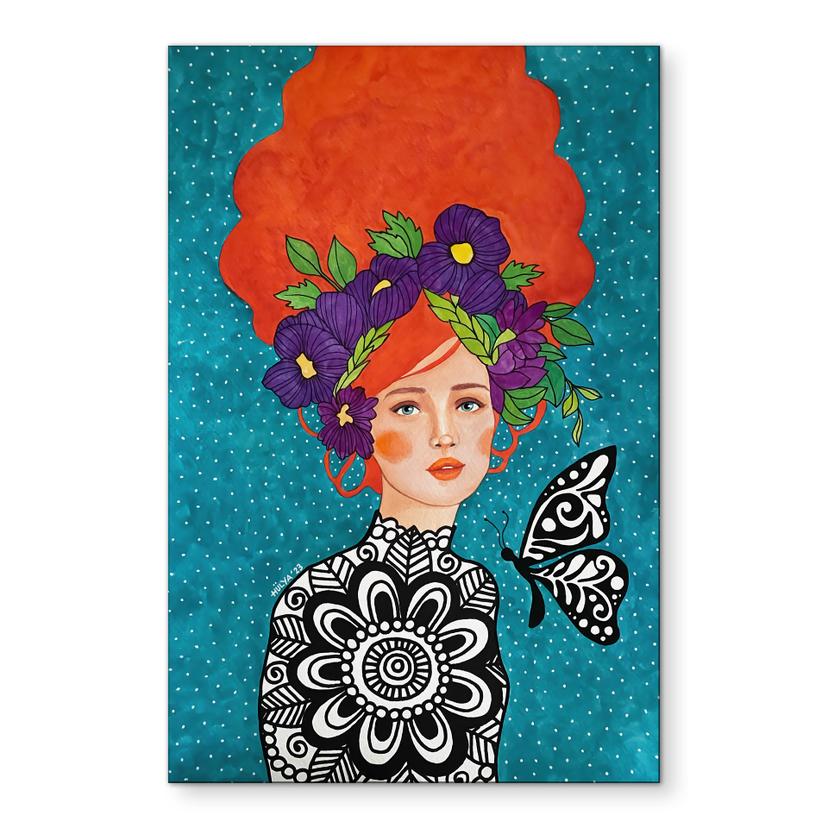 Tableaux Femme papillon avec couronne de fleurs - Hülya - Alu-Dibond