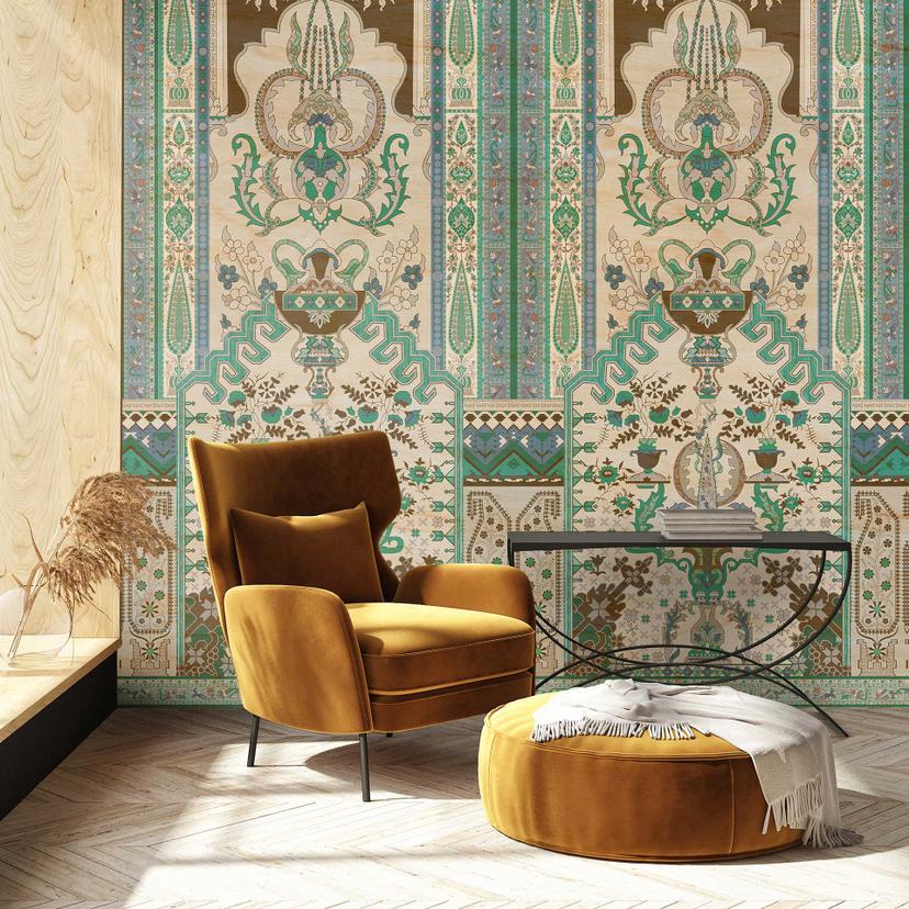 Papier peint palais oriental - Vert et beige avec ornements - intissé