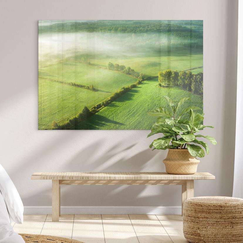 Tableau en verre acrylique Champs idylliques dans le brouillard - Keller