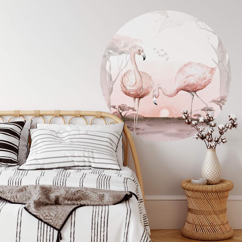 Sticker mural Kvilis - Flamants roses au coucher du soleil - Rond