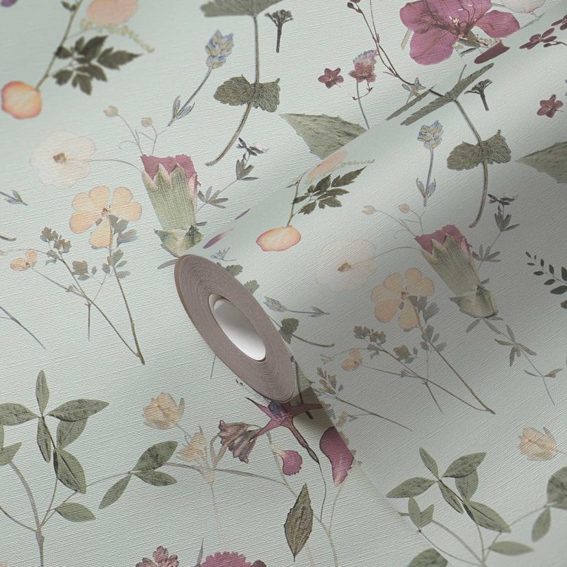 Papel pintado floral flores acuarela - Papel pintado no tejido en crema verde lila - Papel pintado f