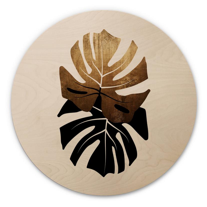 Cuadro de madera Kubistika - Hojas de monstera negras y doradas - Redondo