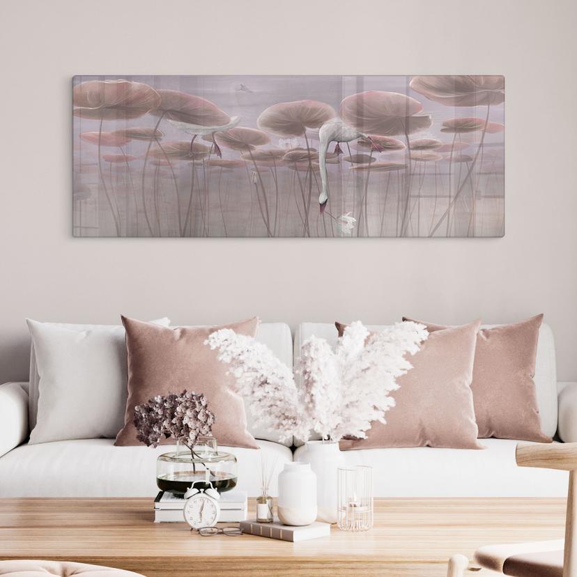 Glasbild Lotusblumen mit Schwan im Wasser in Altrosa - Ms Tiff - Panorama