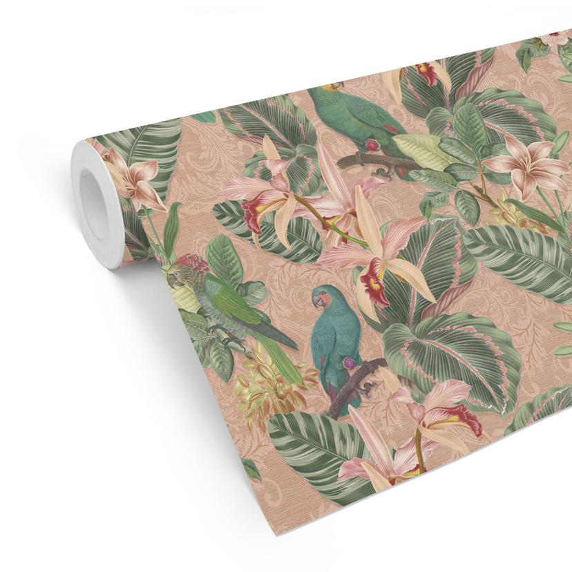 Tapet med mønster jungletapet - jungle med papegøjer pink - Bloomery Decor