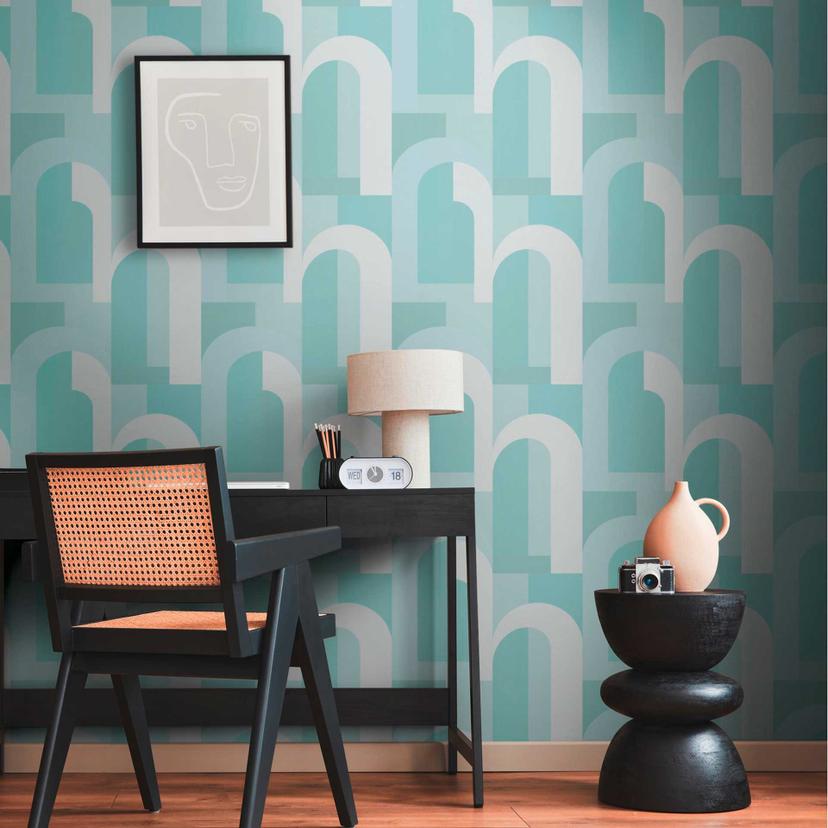Art deco grafisk tapet turkis hvid - non-woven tapet med retromønster
