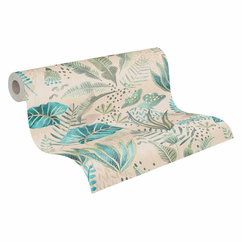 Carta da parati a motivi floreali con foglie miste colorate - Carta da parati floreale beige verde