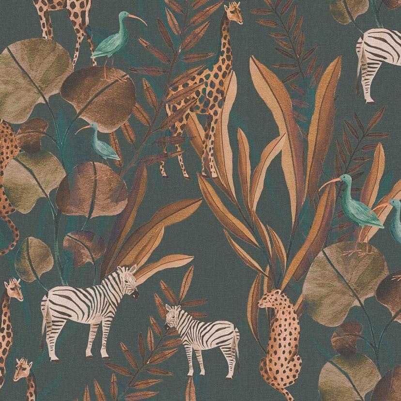Carta da parati Safari verde scuro colorata - Carta da parati a motivi con animali e foglie - Carta
