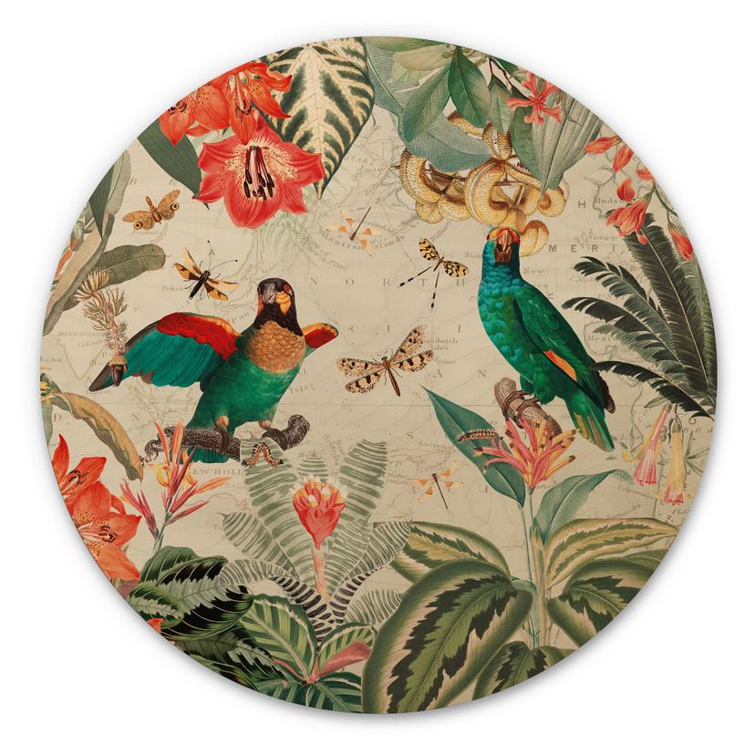Væg cirkel træ Eksotisk jungle med papegøjer - UN Designs