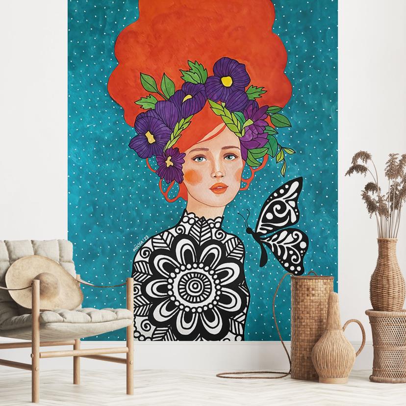 Papier peint femme papillon avec couronne de fleurs - Hülya