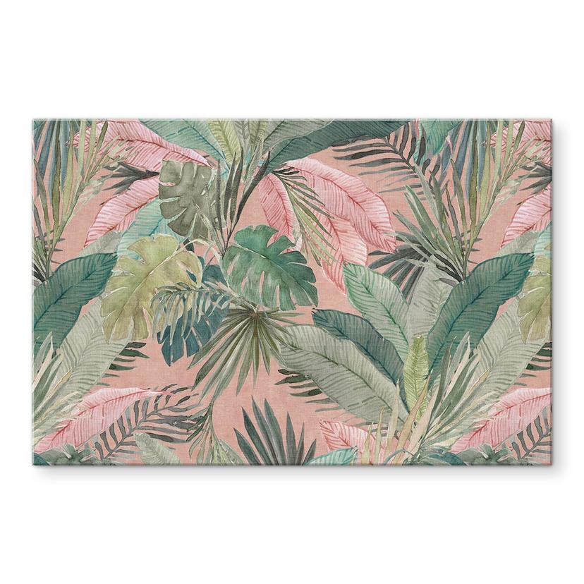 Tableau en verre Feuilles tropicales dans la jungle rose - Décor Bloomery