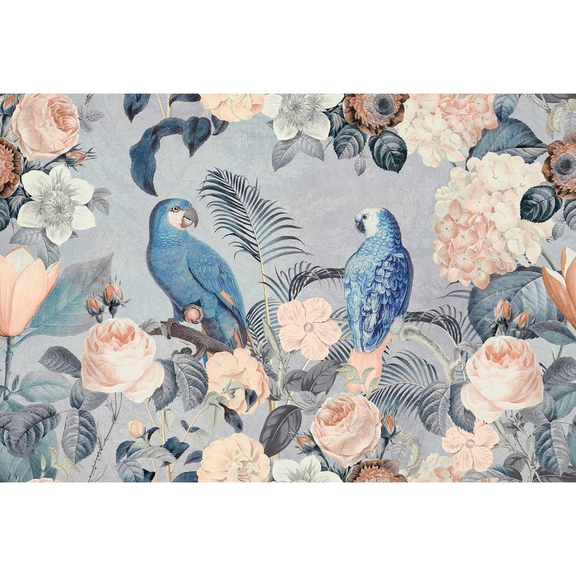 Livingwalls papier peint photo ARTist Jungle Rendevous avec fleur Roses et perroquets bleu, vert, rose