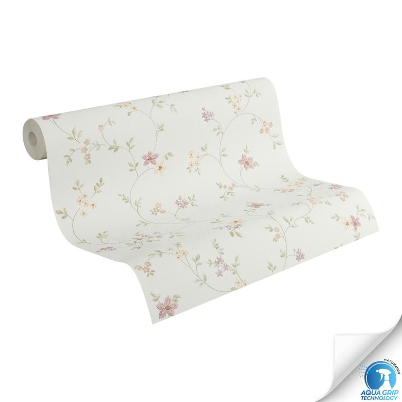 Florale Tapete zart Rosa Grün Weiß - Blumenmuster Vliestapete - Tapezieren ohne Kleister
