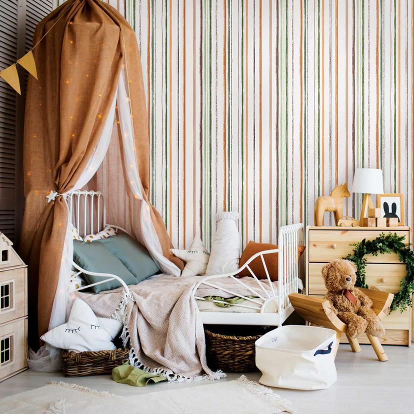 Børnetapet, non-woven tapet med illustration Kids Walls hvid, grøn, beige