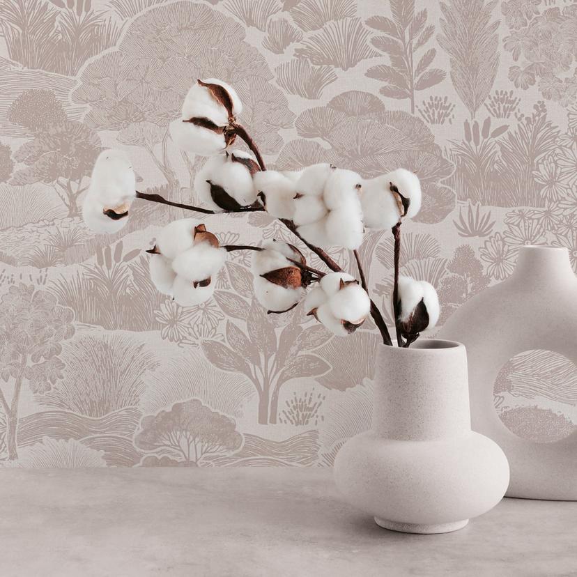 Landskabstapet creme taupe - Ikke-vævet tapet med illustration af naturmotiv