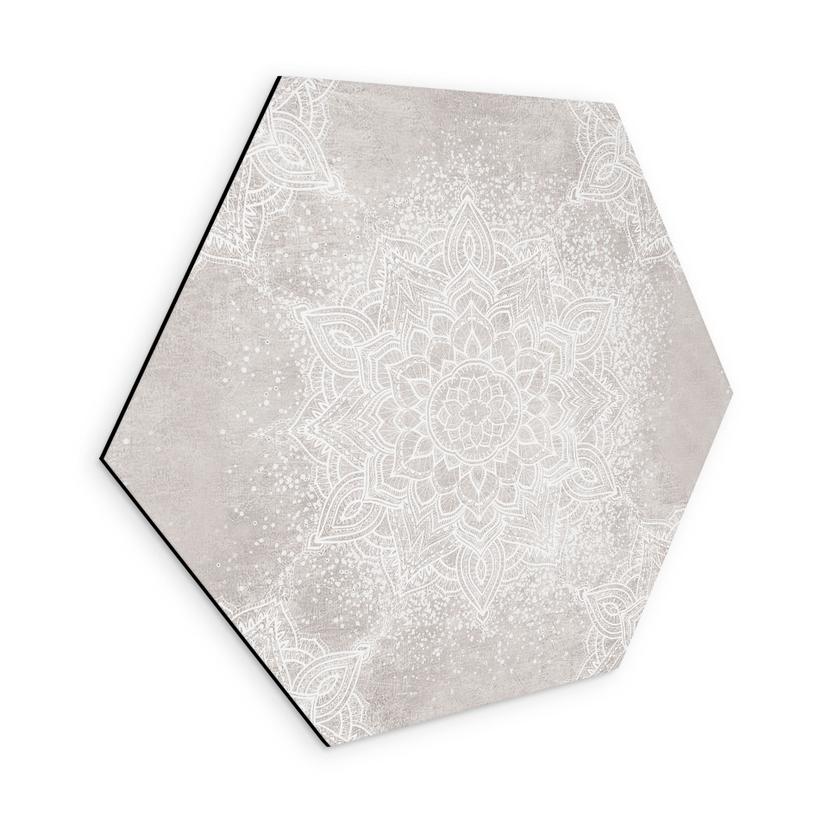 Sekskantet billede Blød mandala på grå-beige - Bloomery Decor - Alu-Dibond