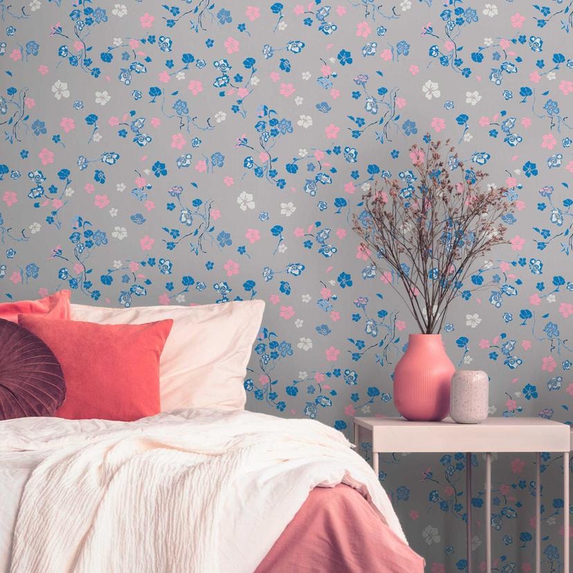blomstertapet gråblå - blomstertapet designer - non-woven tapet natur