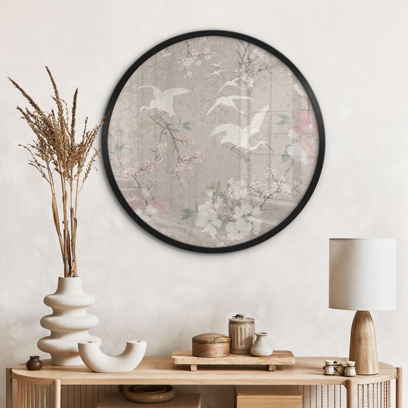 Poster Gru in fiore di ciliegio beige - Decorazione floreale - Rotondo