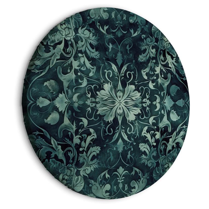 Rundes Leinwandbild Orientteppich Muster: Smaragdfarbene Ornamente und verwaschene Muster