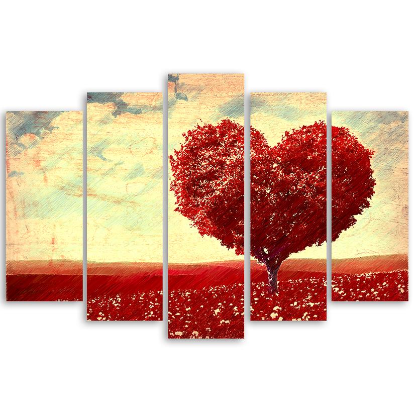 Stampa su tela 5 pezzi Paesaggio albero cuore rosso