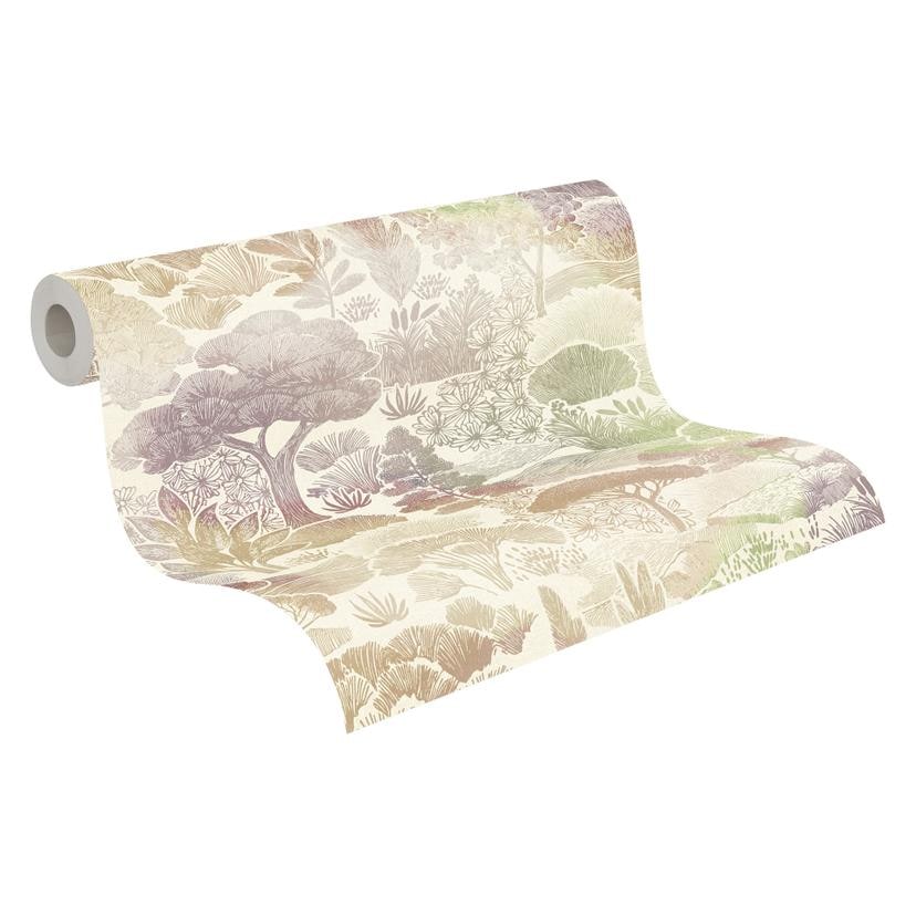 Papel pintado paisaje pastel beige verde - Papel pintado no tejido ilustraciones botánicas
