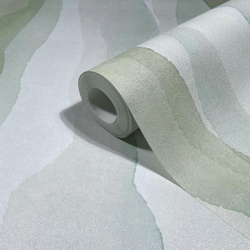 Non-woven tapet i grön abstrakt randig look grafisk modern