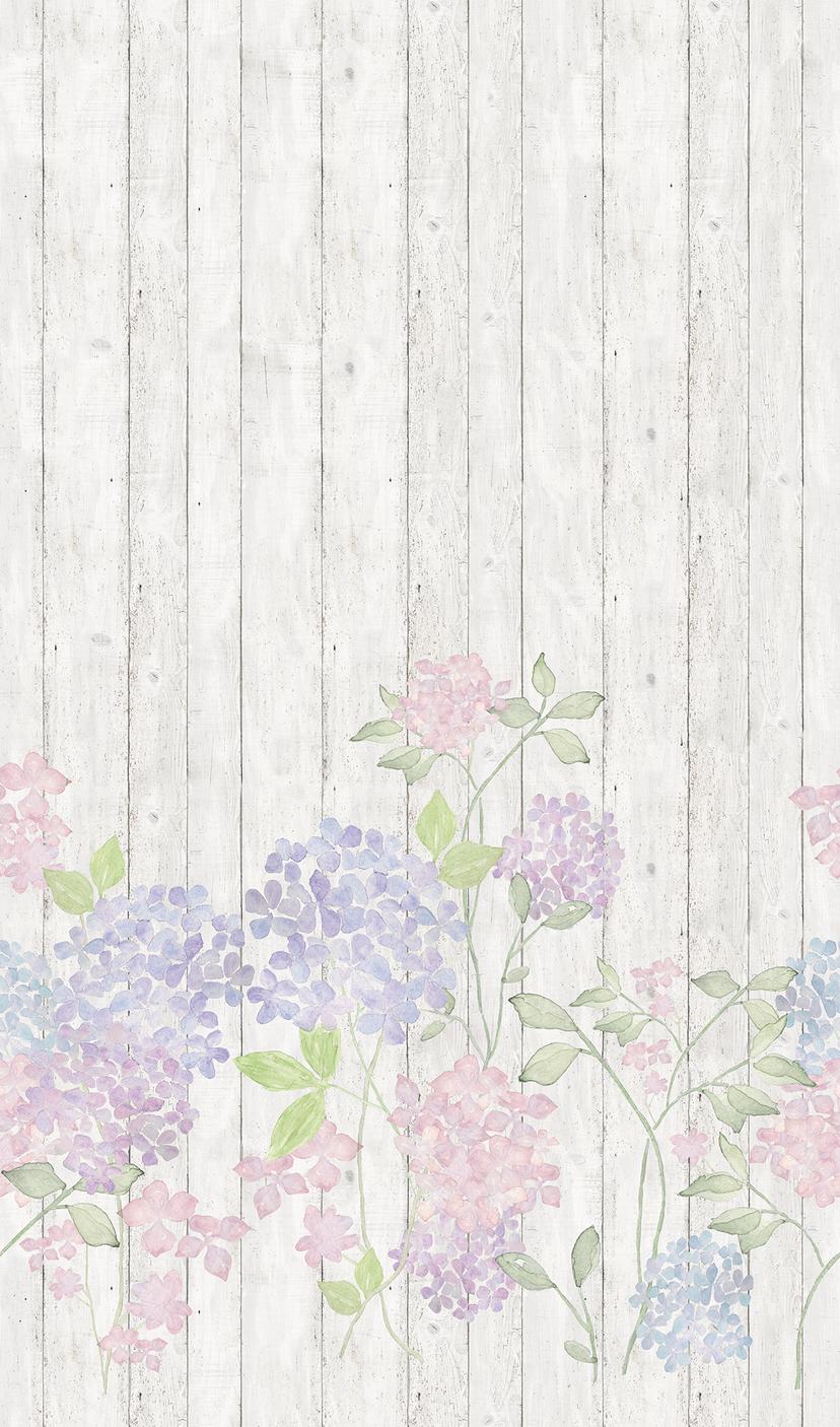 Carta da parati fotografica con piccoli fiori su staccionata in legno Grigio, effetto legno 2,70 x 1