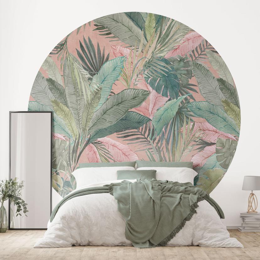 Fototapet tropiske blade i junglen pink - Bloomery Decor - Rundt - Selvklæbende/ikke-vævet