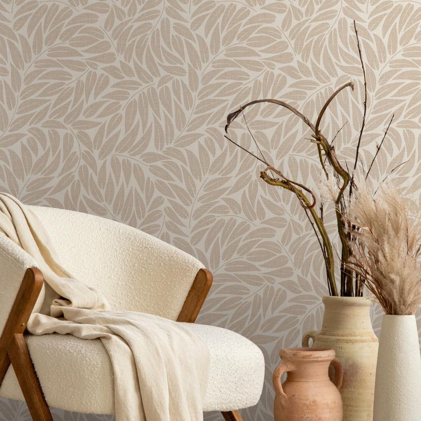 Papel pintado no tejido hojas naturaleza floral mate en beige marrón