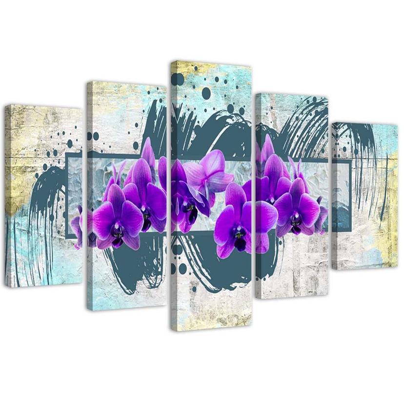 Impression sur toile en 5 parties, Orchidées Violet Abstraction