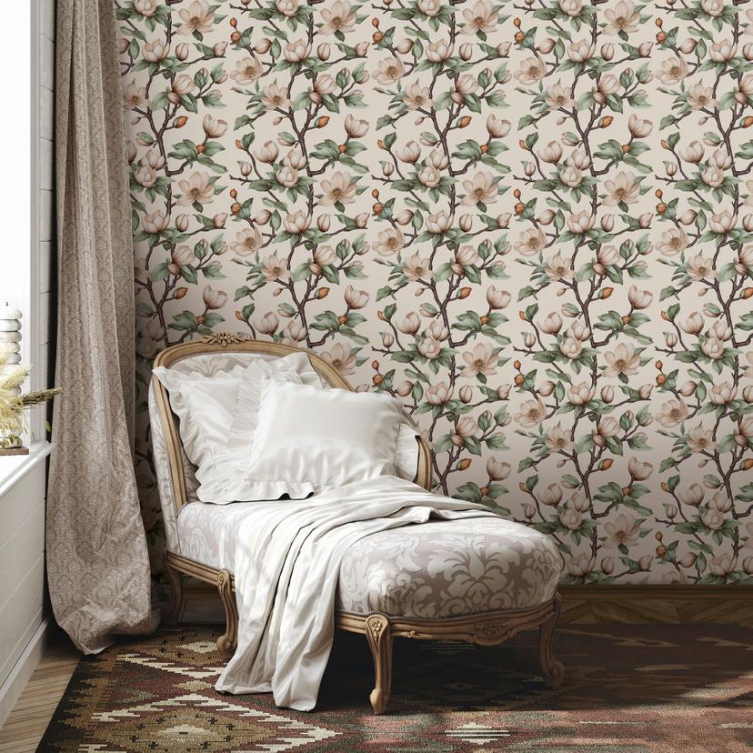 Icke-vävd tapet grenar, blommor blommig natur matt i beige brun grön