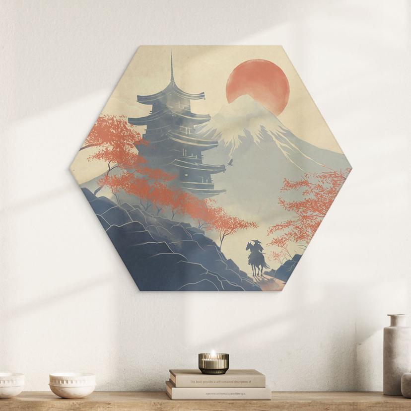 Murale esagonale Alba sulla Pagoda - Roze - Alu-Dibond